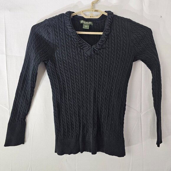 Eddie Bauer Sweaters - Eddie Bauer Sweater Womens M Black V Neck Cable Knit Long Sleeve Pullover Top